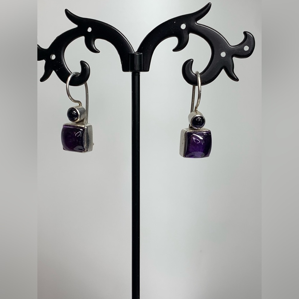 Vintage Sterling Silver Amethyst & Iolite Locking Wire Drop Earrings